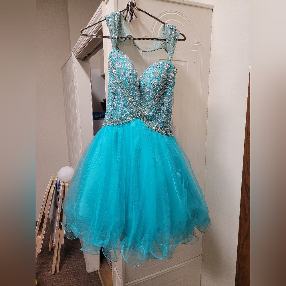 Tony Bowls Turquoise Beaded A-Line Prom Dress - Picture 2 of 3